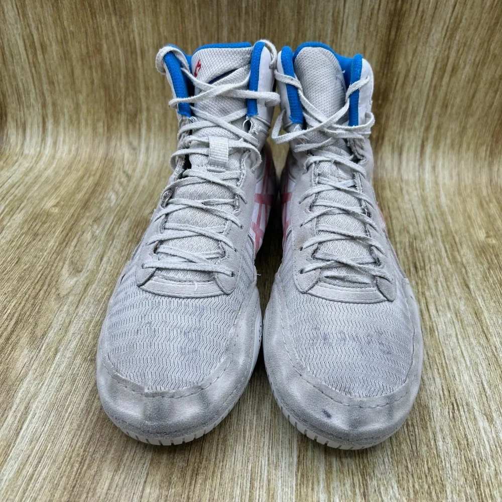 ASICS Matcontrol 2 Wrestling Shoes Men's 10.5 Grey Blue Red High Top 1081A029